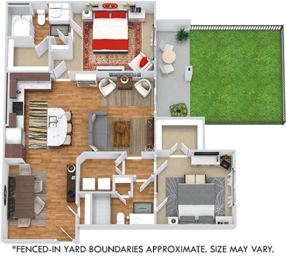 Topaz with Fenced-in Yard 3D. 2 bedroom apartment. Kitchen with island open to living/dinning rooms. 2 full bathrooms, shower stall in master. Walk-in closets. Patio/balcony open to yard.