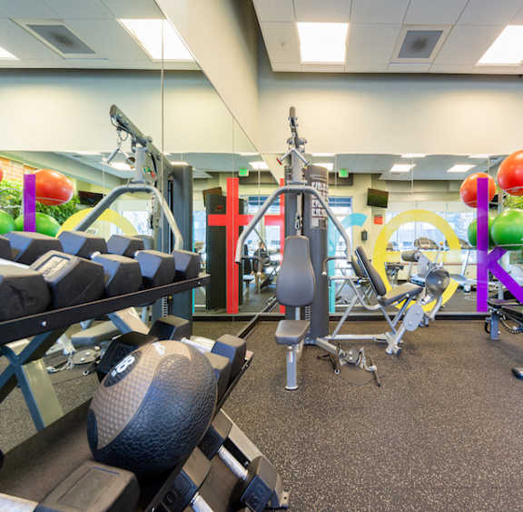 a gym with weights and other exercise equipment in a building