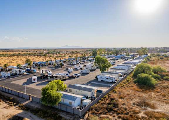 an aerial view of a caravan park in the outback