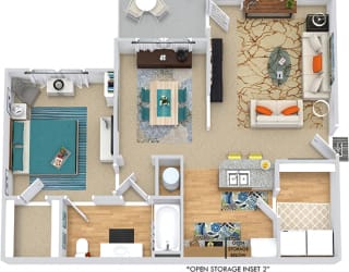Maple 3D. 1 bedroom apartment. Kitchen with bartop open to living/dinning rooms. 1 full bathroom. Walk-in closet. Patio/balcony.