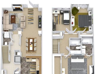 Blakemore 3D. 3 bedroom townhome. Kitchen, living, and dinning rooms. 2 full bathrooms + powder room. walk-in closet, master. Patio/balcony.