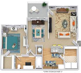 Maple 3D. 1 bedroom apartment. Kitchen with bartop open to living/dinning rooms. 1 full bathroom. Walk-in closet. Patio/balcony.