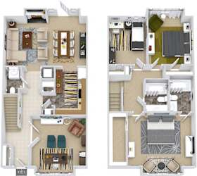 Buxton. 3 bedroom townhome + den. Kitchen, living, and dinning rooms. Fireplace. 2 full bathrooms + powder room. walk-in closet, master. Patio/balcony.