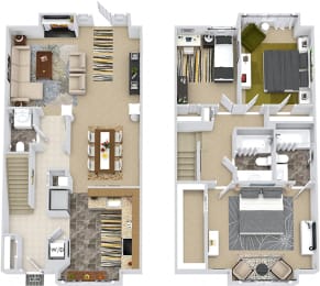 Blakemore 3D. 3 bedroom townhome. Kitchen, living, and dinning rooms. 2 full bathrooms + powder room. walk-in closet, master. Patio/balcony.