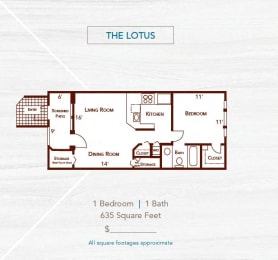 The Lotus 1 bed 1 bath 635 sq ft