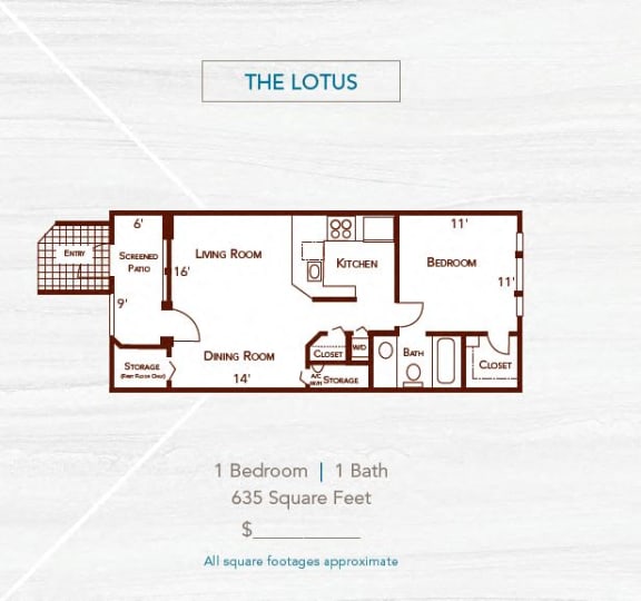 Lotus one bedroom one bathroom floor plan, 635 sq. ft.