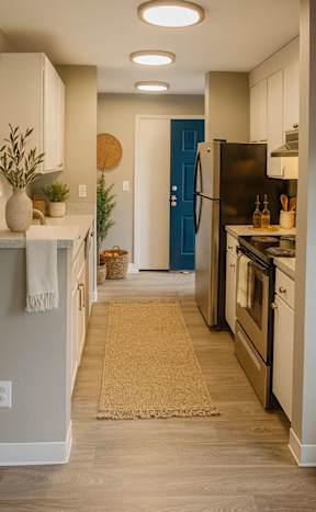 A modern kitchen with white chairs and a wooden floor.
