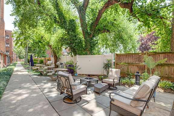 A patio with chairs and a table is surrounded by trees.