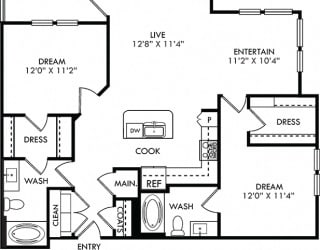 The Williamson. 2 bedroom apartment. Kitchen with island open to living/dining rooms. 2 full bathrooms. Walk-in closets. Patio/balcony.