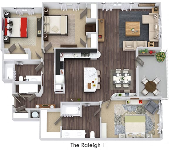 Raleigh 3D. 3 bedroom apartment. Kitchen with island open to living/dinning rooms. 2 full bathrooms, double vanity in master. Walk-in closets. Patio/balcony.