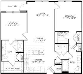 The Lima Floorplan with 2 Bedrooms, 2 Baths one with standalone shower. Kitchen with Island peninsula open to dining and living area.