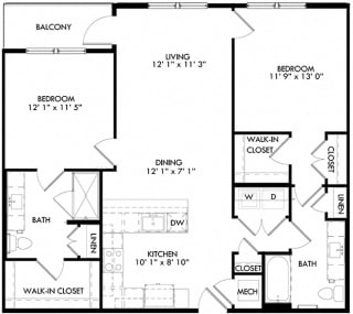 The Lima Floorplan with 2 Bedrooms, 2 Baths one with standalone shower. Kitchen with Island peninsula open to dining and living area.