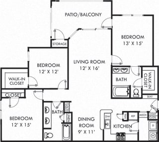 Woodland. 3 bedroom apartment. Kitchen with bartop open to living/dinning rooms. 2 full bathrooms, double vanities. Walk-in closets. Patio/balcony.