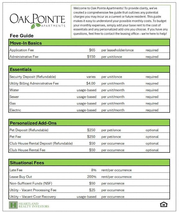A fee guide for Oak Pointe Apartments detailing various fees and their costs.