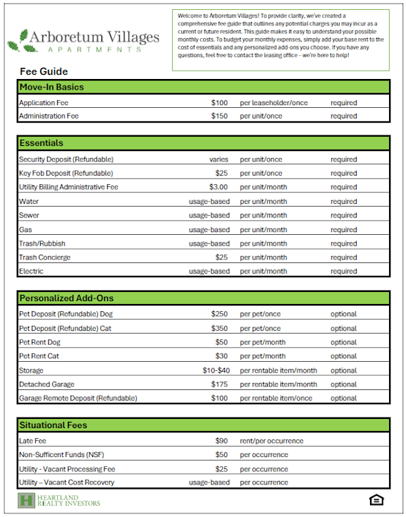 A green and white fee guide for Arboretum Villages Apartments.