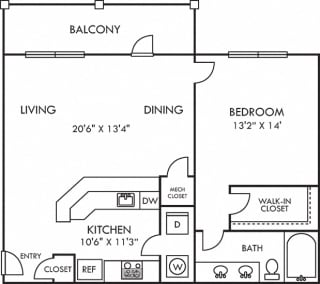 Dahlia 1 bedroom apartment. Kitchen with peninsula island. open to living-dining area. coat closet. in-unit laundry. full bath double vanity. walk-in-closet.