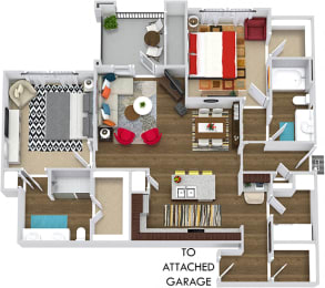 3D Elkland with Attached Garage. 2 bedroom apartment. Kitchen with island open to living/dinning rooms. 2 full bathrooms, double vanity in master. Walk-in closet. Patio/balcony.