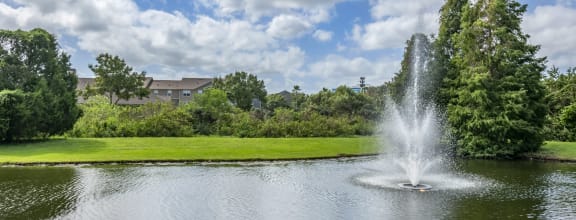 a fountain in the middle of a lake