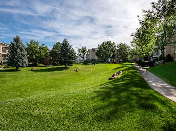 A sunny day at a park with a green lawn and trees.