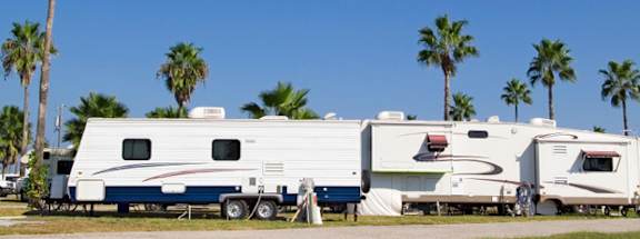A row of RVs are parked in a lot with palm trees in the background.