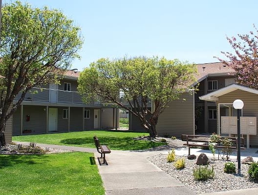 a park with a bench and trees in front of a building