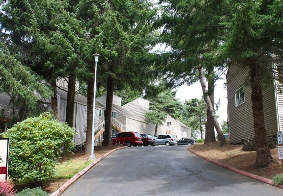 View of road leading into apartments