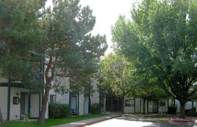 Parking lot and building