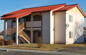 two story building with stairs