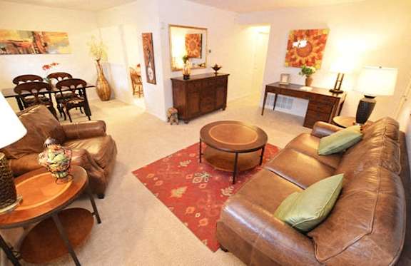 A living room with a brown couch and a red rug.