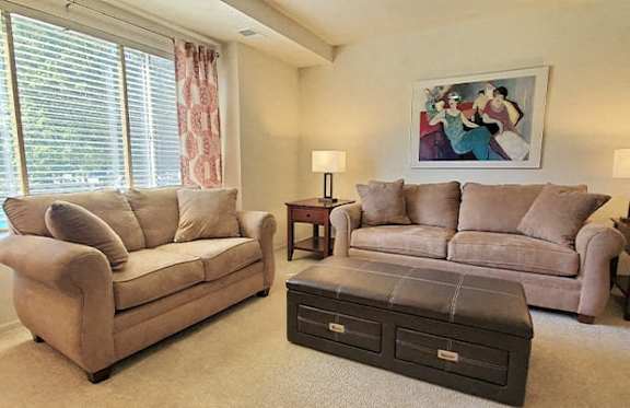 A living room with two couches, a coffee table, and a painting on the wall.