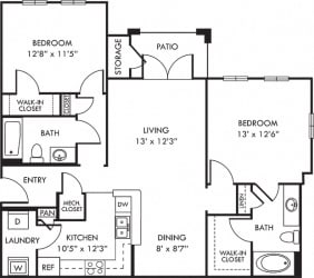 The Davis. 2 bedroom apartment. Kitchen with bartop open to living/dinning rooms. 2 full bathroom. Walk-in closets. Patio/balcony.