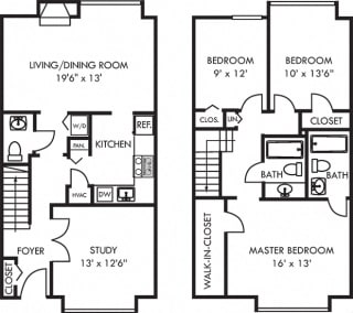 Buxton. 3 bedroom townhome &#x2B; den. Kitchen, living, and dinning rooms. Fireplace. 2 full bathrooms &#x2B; powder room. walk-in closet, master. Patio/balcony.