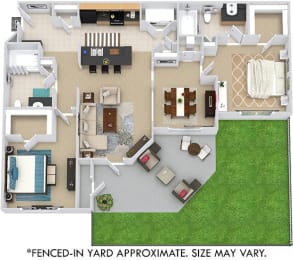 Kenyon with Fenced-in Yard 3D 2 bedroom apartment. Kitchen with Island open to living room. Separate dinning room. 2 full bathroom. Walk-in closets in both bedrooms. Patio/balcony with storage & yard.