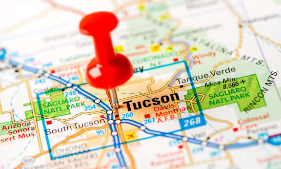 a red pin on a map of the city of tuscon