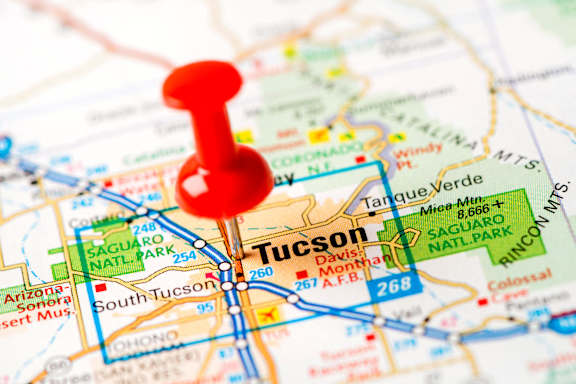 a red pin on a map of the city of tuscon