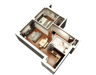 1 Bed 1 Bath 808 sqft 3D Floor Plan at Somerset Place Apartments, Illinois, 60640