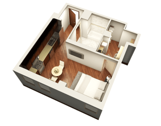 Studio 462 sqft 3D Floor plan at Somerset Place Apartments, Chicago, IL