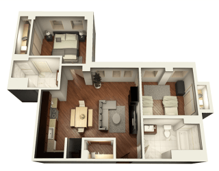 2 Bed 2 Bath 952 sqft 3D Floor Plan at Somerset Place Apartments, Chicago