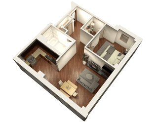 1 Bed 1 Bath 817 sqft 3D Floor Plan at Somerset Place Apartments, Chicago, 60640