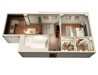 1 Bed 1 Bath 737 sqft 3D Floor Plan at Somerset Place Apartments, Chicago, IL, 60640