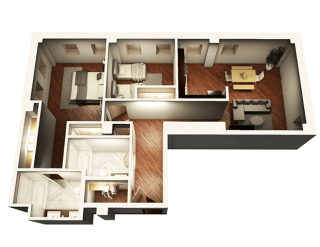 2 Bed 2 Bath 1055 sqft 3D Floor Plan at Somerset Place Apartments, Chicago, IL