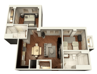 2 Bed 2 Bath 952 sqft 3D Floor Plan at Somerset Place Apartments, Chicago
