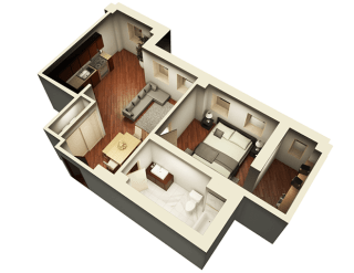 The Penthouse 738 sqft 3D Floor Plan at Somerset Place Apartments, Illinois