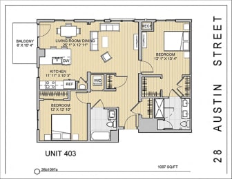 2 Bed 2 Bath 28b1097a 1,097 Sq.Ft. Floor Plan at 28 Austin St, Newton