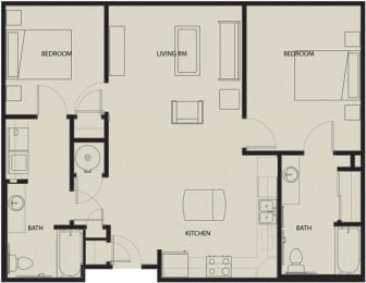 2 Bedroom 2 Bath Garden 2D Floorplan-North Sarah Apartments, St. Louis, MO