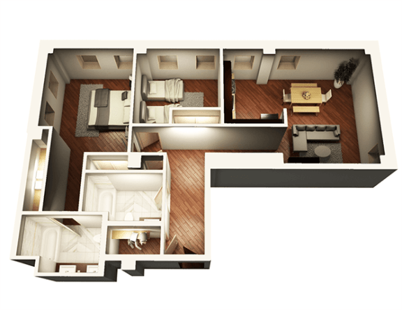 Floor Plan  2 Bed 2 Bath 1055 sqft 3D Floor Plan at Somerset Place Apartments, Chicago, IL