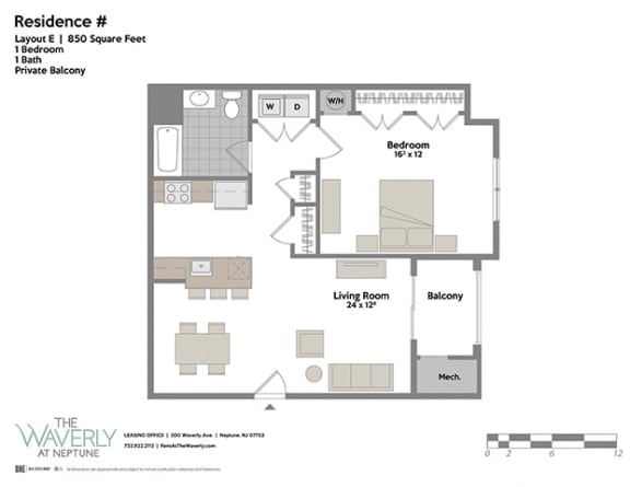Layout E 1 Bed 1 Bath Floor Plan at The Waverly at Neptune, Neptune, New Jersey