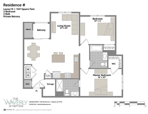 Layout M 2 Bedroom 2 Bathroom Floor Plan at The Waverly at Neptune, Neptune, New Jersey