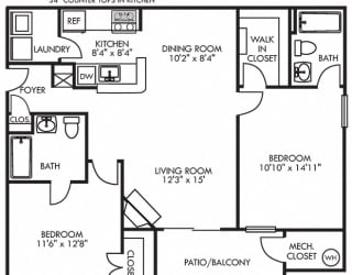 The Benton. 2 bedroom apartment. Kitchen with bartop open to living/dinning rooms. fireplace. 2 full bathrooms. Walk-in closets. Patio/balcony.
