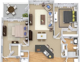 Graham I 3D. 2 bedroom apartment. Kitchen with bartop open to living/dinning rooms. 2 full bathrooms, shower stall in guest. Walk-in closets. Patio/balcony.